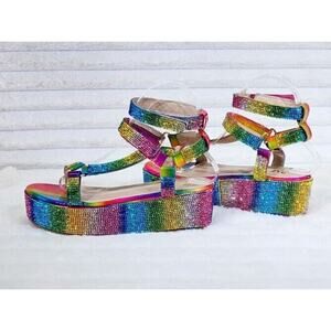 Pazzle 2" Platform Harness Strap Sparkling Rainbow Rhinestone Sandals Comfy